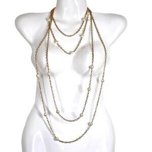 NWT Kenneth Jay Lane Gold-Tone Multi-Strand Chain Necklace Faux Pearls‎ 22" in
